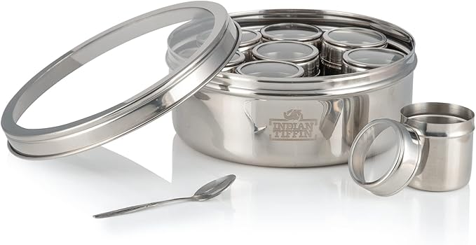 Indian-Tiffin Masala Dabba – Airtight Spice Container – Food Grade Stainless Steel – with Spice Labels & Spoon (Medium (18cm), Clear Lid Top & Clear Lids on Inner Pots)