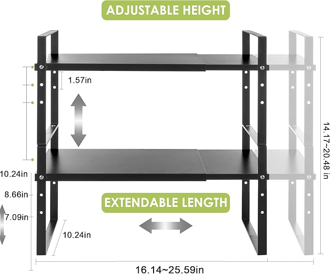 Across-Star Expandable Cabinet Shelf Organizer Rack, Stackable Kitchen Counter Storage Shelves Stand, Adjustable Height Pantry Shelf Spice Rack