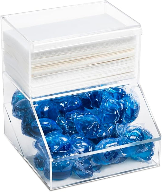 Inevibe Laundry Pod Holder & Dryer Sheet Dispenser - 2 Compartment Acrylic Container w/Lids for Storing Clothes Pins, Dishwasher Pods for Laundry Room Organization
