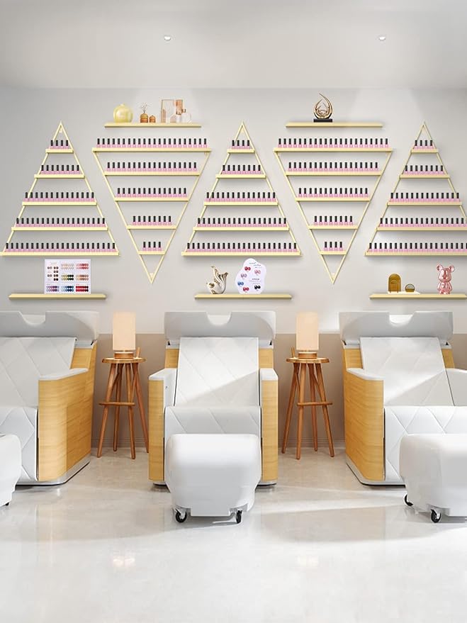 10PCS Metal Wall-mounted Nail Polish Storage Racks, Lorvain 5 Tiers Gold Triangular Display Rack Cosmetic Display Cases Lipstick Perfume Wall Shelf Essential Oil Organizer for Home Spa Nail Salon Shop