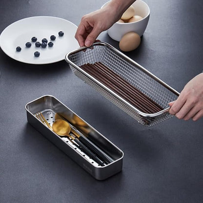 Cabilock Stainless Steel Multipurpose Cutlery Holder for Disinfection Cabinets Space-Saving Chopstick and Knife Rack with Ventilated Drain Basket Kitchen Cabinet Organizer 12.6X4.9X2 Inches