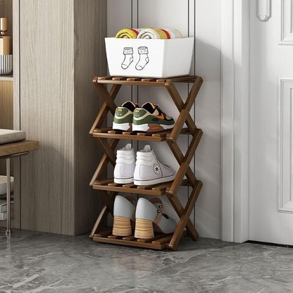Foldable Shoe Rack, Bamboo Vertical Shoe Organizer Tall for Small Spaces. Multifunctional Narrow Shoe Shelf for Entryway, Closet, Corner, Bedroom, Hallway, Brown Color 4 Layers