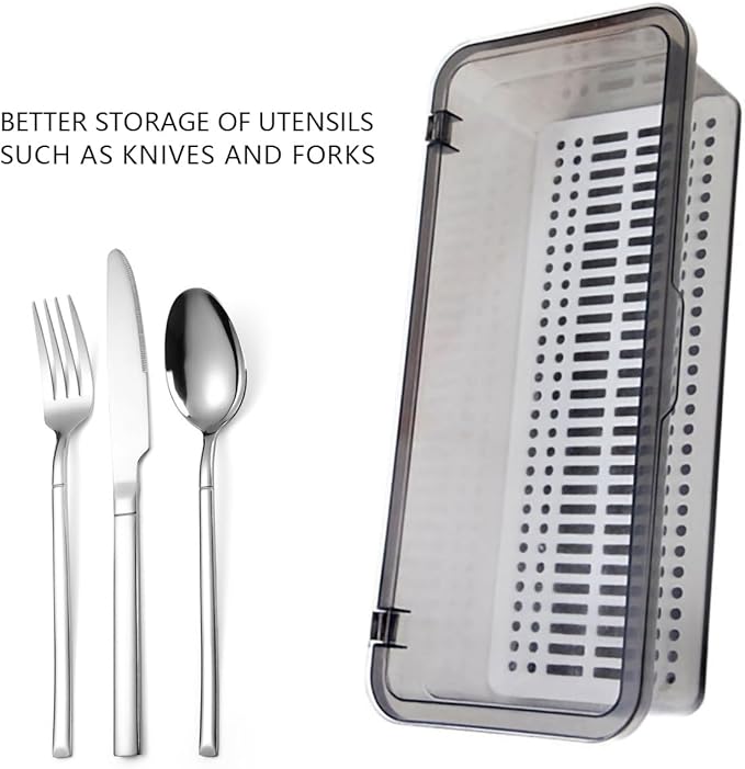 Flatware Tray with Lid and Drainer,Silverware Tray Kitchen Dinnerware Holder and Utensil Storage Container for Flatware and Silverware (Grey)