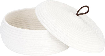 Sea Team Round Cotton Rope Storage Basket with Lid, Decorative Woven Storage Bin, Pot, Caddy, Organizer, Container for Snacks, Towels, Plants, 13 x 5.5 Inches (Large, Shallow, White)
