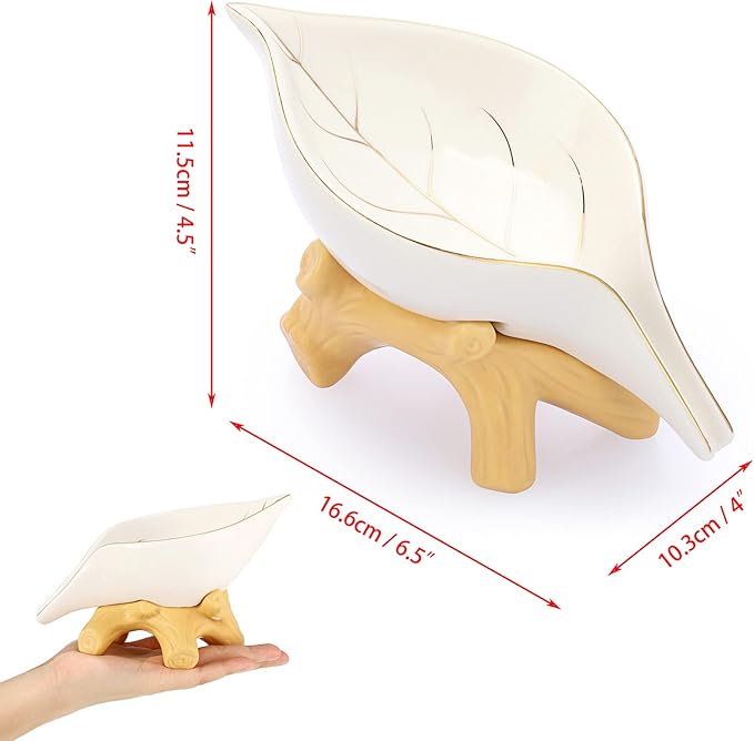 JUXYES Ceramic Soap Dish Holder Self Draining, Unique Waterfall Soap Dish Leaf Shape Decorative Soap Dish Tray Tabletop Drainable Soap Saver Bathtub Waterfall Soap Dish Holder for Bathroom Shower
