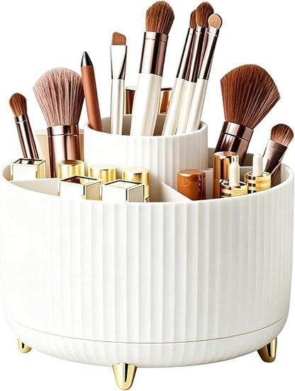 360°Rotating Makeup Brush Holder Organizer, White Countertop Cosmetic Display Case, Spinning Skincare Storage Carousel for Vanity, Desktop & Bathroom