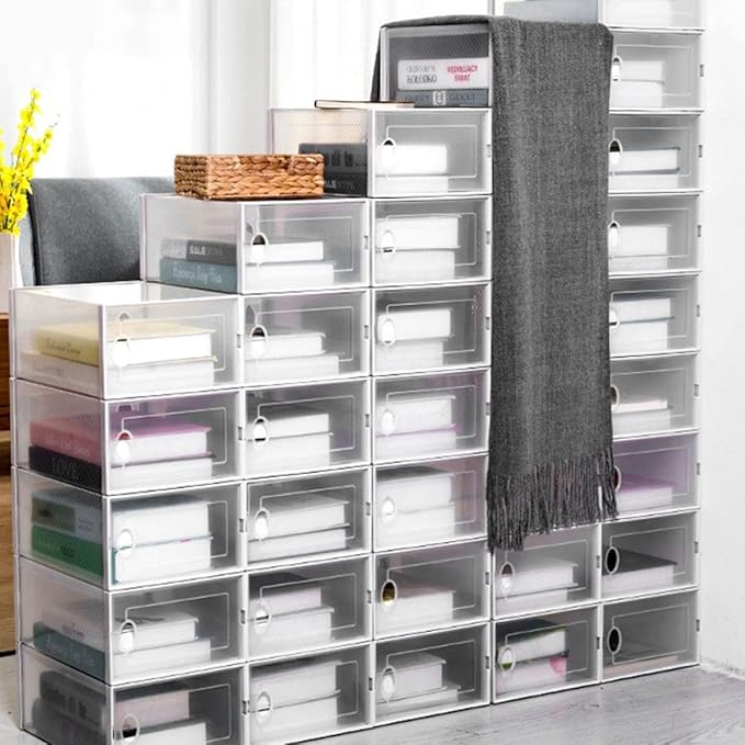 Flip-on Shoe Cabinet Stackable Plastic Shoe Organizer Clear Overlapping Shoes Case for Sneakers Sandals Home Storage 12.99X9.05X5.51In