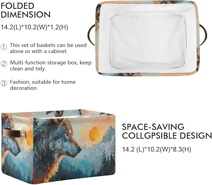 Storage Basket Wolf in The Sunrise Pattern Durable Canvas Collapsible Toy Box Organizer Bin with Handles for Shelf Closet Bedroom Home Office