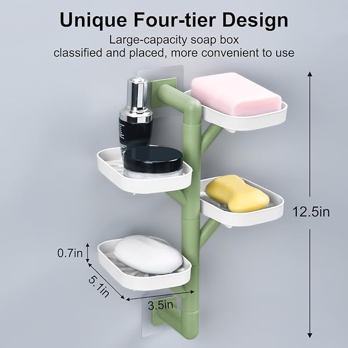 Soap Holder Four Layer Wall Mounted NO-Drilling Rotatable Self-draining Removable Soap Dish for Shower Bathroom Tray,Self Draining Sponge Holder,Razor Holder（White/Green）