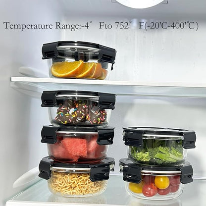 12Oz Round Glass Food Containers With Lids, Small Round Glass Meal Prep Containers,1.5 Cup Clear Food Storage Containers With Lids BPA-Free, Microwave, Dishwasher, Freezer Safe（Black
