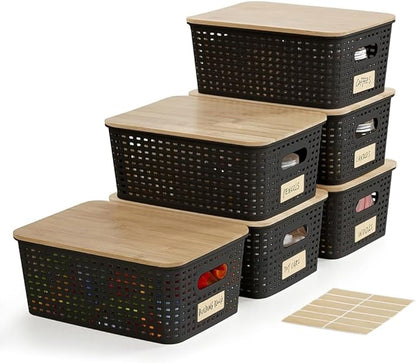 Bagnizer Small Plastic Storage Bins with Bamboo Lids 5.2qt Stackable Box Basket Pantry Decorative Containers Cute with Lable for Organizing Desktop Closet Office Black of 6 packs 10 * 7.2 * 4.1"