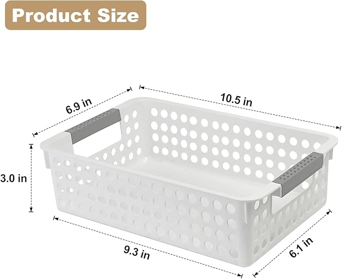 Soddeph 4 Pack Small Plastic Storage Baskets for Organizing, Stackable Bins with Handles for Shelves, Multipurpose Drawer Trays (White)