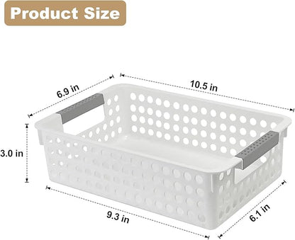 Soddeph 4 Pack Small Plastic Storage Baskets for Organizing, Stackable Bins with Handles for Shelves, Multipurpose Drawer Trays (White)