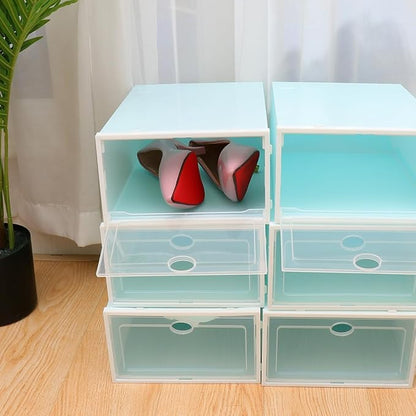 SHINEOFI 6pcs Stackable Plastic Shoes Storage Boxes with Thickened Blue and White Frame for Men, Sturdy Shoe Organizers for Closet and Travel Storage
