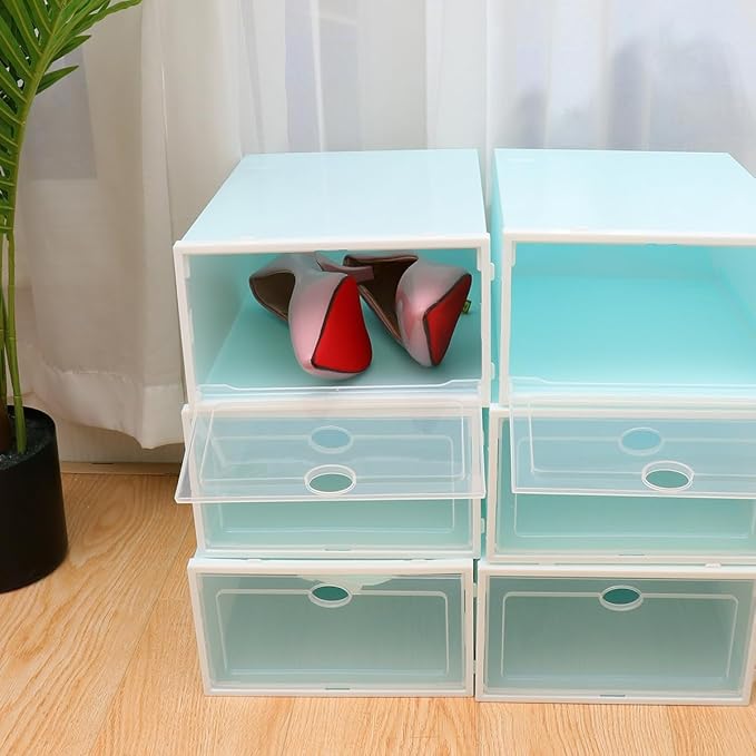 6pcs Thick Plastic Shoe Boxes with White Frame and Blue Lid, Stackable Shoes Storage Containers for Women’s Closet Organization