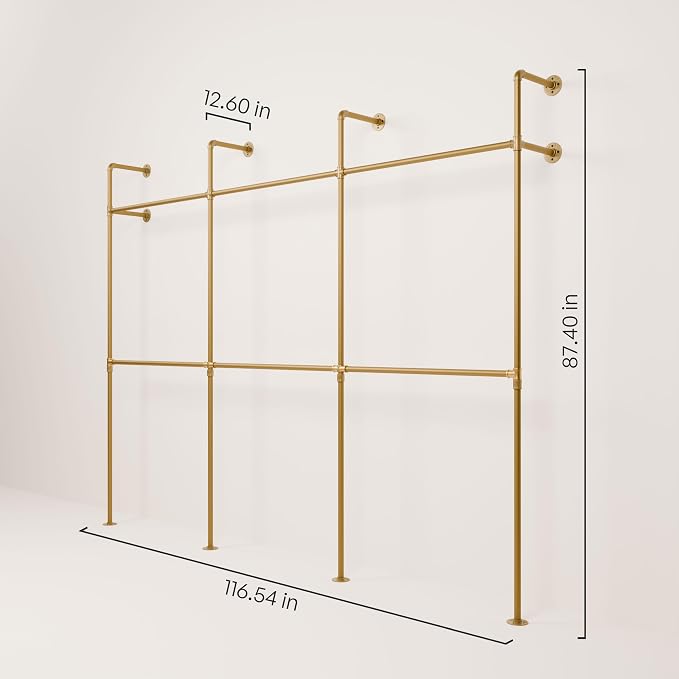 pamo Industrial Pipe Clothing Rack Gold - 1014 lbs Capacity - Wall Mounted Clothes Rack and Walk In Closet for Wardrobe