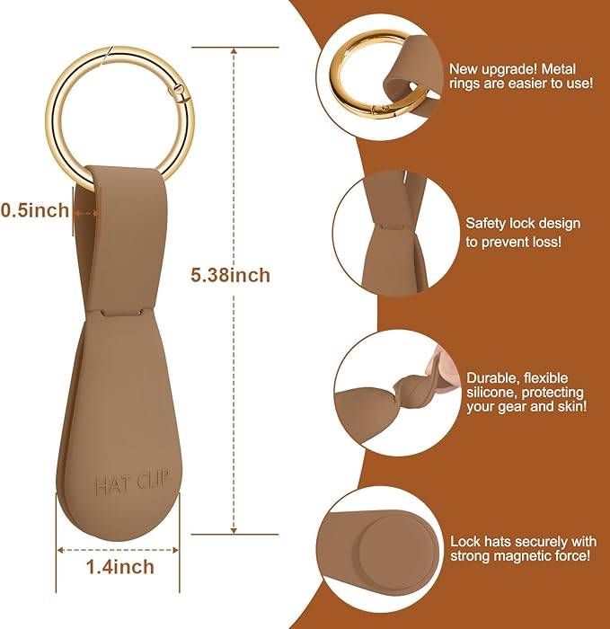 Fikoksol Magnetic Hat Clip 2-Pack - Brown Hat Clip for Travel on Bag, Magnetic Hat Clips for Bag, and Secure Hat Holder for Travel on Caps & Beach Hats, Vacation Essentials