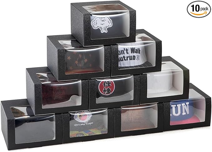 LADYBRO 10 Pack 7.8" x 7.8" x 4.8" Black Gift Boxes with Window Display for Hat Storage Containter for Baseball Caps (Fitted, Snapbacks, Trucker) (Glitter Black, 7.8" x 7.8" x 4.8")