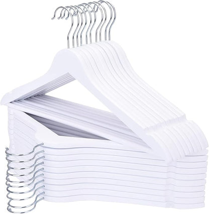 Wooden Hangers 20 Pack, Wood Hangers with Extra Smooth Finish, Precisely Cut Notches & Chrome Swivel Hook, Wooden Clothes Hangers for Shirt Coat Jacket Dress, White