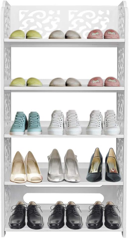5 Tier Wood-Plastic Board Shoe Racks,Narrow Vertical Shoes Rack,Freestanding Shoe Organizer Shelf,Shoe Rack Storage Organizer,with Shelves,for Closet, Entryway, Front Door Entrance, Hallway (White)