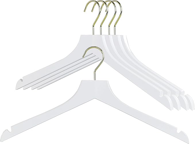 MAWA by Reston Lloyd, European Wooden Hanger, Beech Wood Straight Hanger with Shoulder Notches, Rotating Gold Hook, White Finish, for Shirts, Blazers, Dress Clothes, Set of 5 (27135)