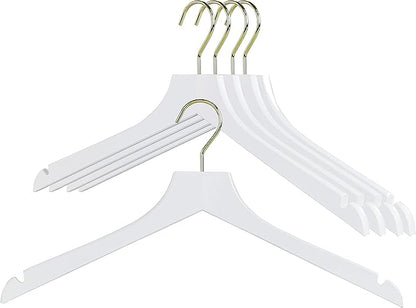 MAWA by Reston Lloyd, European Wooden Hanger, Beech Wood Straight Hanger with Shoulder Notches, Rotating Gold Hook, White Finish, for Shirts, Blazers, Dress Clothes, Set of 5 (27135)