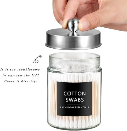 SheeChung 2-Pack Qtip Holder Dispenser - Glass Apothecary Jars with Rust-Proof Stainless Steel Lids - Modern Farmhouse Bathroom Vanity Organizer for Cotton Swabs, Balls, Pads(Brushed Nickel,2Pack)