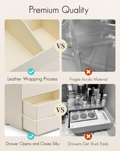 VLANDO Makeup Organizer for Vanity,Large Capacity Bathroom Counter Organizer with Drawers,PU Leather Skin Care Storage for Lipstick,Brushes,Perfumes (Beige)