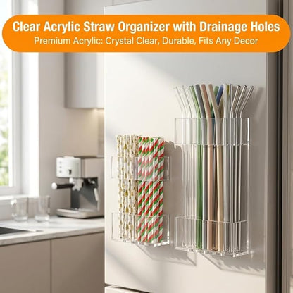 Acrylic Straw Holder for Cabinet Door, 2pcs Reusable Straw Organizer Storage with Sticky Adhesive Fits Both Short & Long Straws for Cabinet Kitchen Counter Cupboard Refrigerator