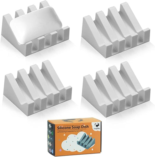 Self Draining Soap Dish Holder,Silicone Soap Dish,for Bathroom,Kitchen, Sponges，Can Extend Soap Life，Keep Soap Bars Dry and Easy Cleaning (N-Light Grey,4-Pack)