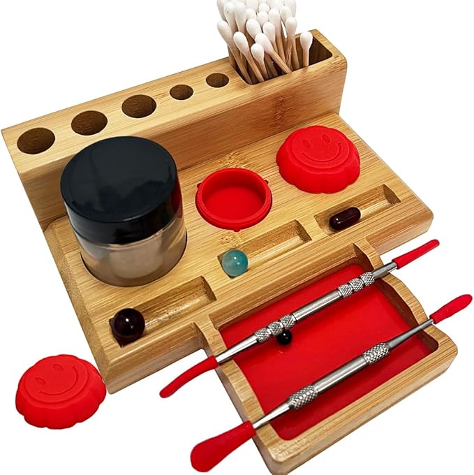 Bamboo Desk Organizer,Carving Tool Organizer with Non-sticky Mat and Silicone Container (16 x 15 x 4.5cm)