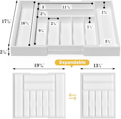 Utensil Organizer Silverware Drawer Organizer - Adjustable Utensil Tray Bamboo Silverware Divider with Groove for Kitchen Flatware, Hair Accessories, Repair Tools, Art Set W13.5"-19.9" x L17.6"(White)