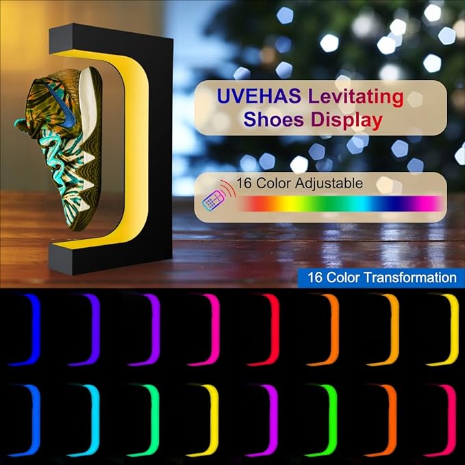 UVEHAS Levitating Shoe Display Stand, Floating Sneaker Stand with Remote 16 Colors LED Light Rotating Magnetic Levitation Shoe Rack for Home Decor Store Advertising Exhibition Shoes Collectors