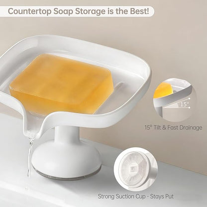 PAVSTINE Self-Draining Soap Dish with Suction Cup, Stand Bar Soap Holder, No Drill Removable Sponge Tray for Shower, Bathroom, Kitchen Sink, Easy to Clean & Keeps Dry, White