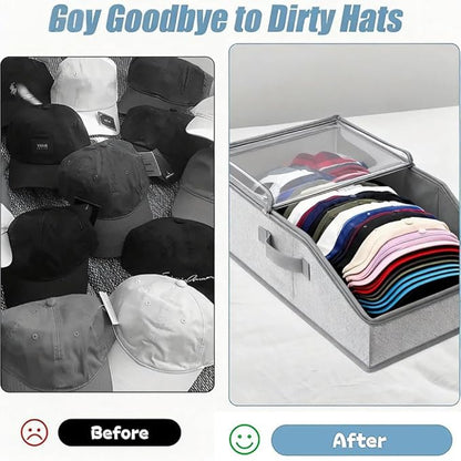 Stackable Hat Storage for Baseball Caps Clear Window Lid Large Space-Saving Hat Organizer for Closet, RV,Clothing Shelf, Sturdy Snapback Boxes Made of Breathable Fabric