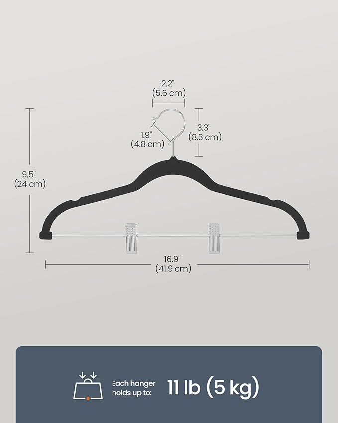 SONGMICS HOME Velvet Pants Hangers with Adjustable Clips, Non-Slip Space-Saving Clothes Hangers, 30 Pack, Shoulder Notches for Skirts, Black