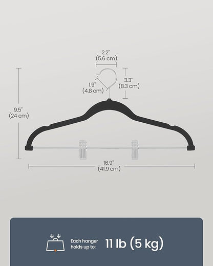 SONGMICS HOME Velvet Pants Hangers with Adjustable Clips, Non-Slip Space-Saving Clothes Hangers, 30 Pack, Shoulder Notches for Skirts, Black