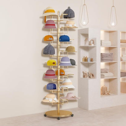Standing Hat Rack Stand, Cowboy Hat Rack with 40 Hooks, 8 Tier Metal Hat Organizer Rack, Floor Hat Display Rack for Home Store Vendors(Gold,8 Tier)