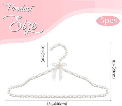 5 Pack Pearl Beaded Clothes Hangers Clothing Hanger with Ribbon Bowknot Elegant Bridesmaid Hangers Closet Coat Storage Organizer for Women Bride Wedding (White)