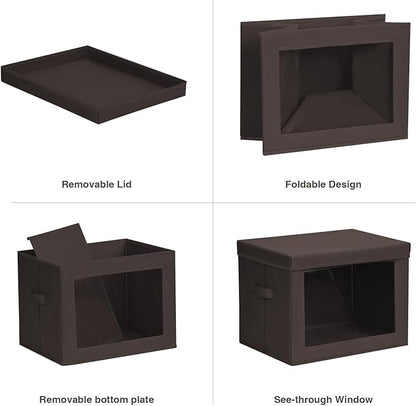Homsorout Stackable Storage Bins with Lids - Large Storage Box with Lids, Foldable Closet Boxes for Organizing, Wardrobe Clothes Organizer with Window, Cubes Bins for Living Room, 3 Pack, Brown