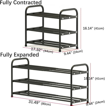 3-Tier Expandable Shoe Rack, 9.4" Ultra-Slim Metal Shoe Shelf for Entryway & Closet, 17.3"-31.5" Adjustable Length, Narrow Space-Saving Shoe Organizer for Dorm, Apartment