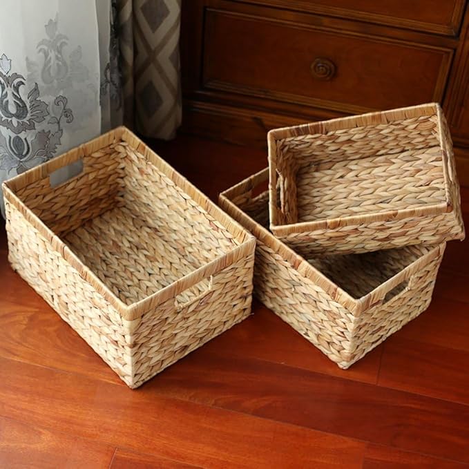 Woven Natural Water hyacinth basket Rectangular organizer basket with Handle for Desktop, Bathroom, Entryway,Kingwillow.(Small)