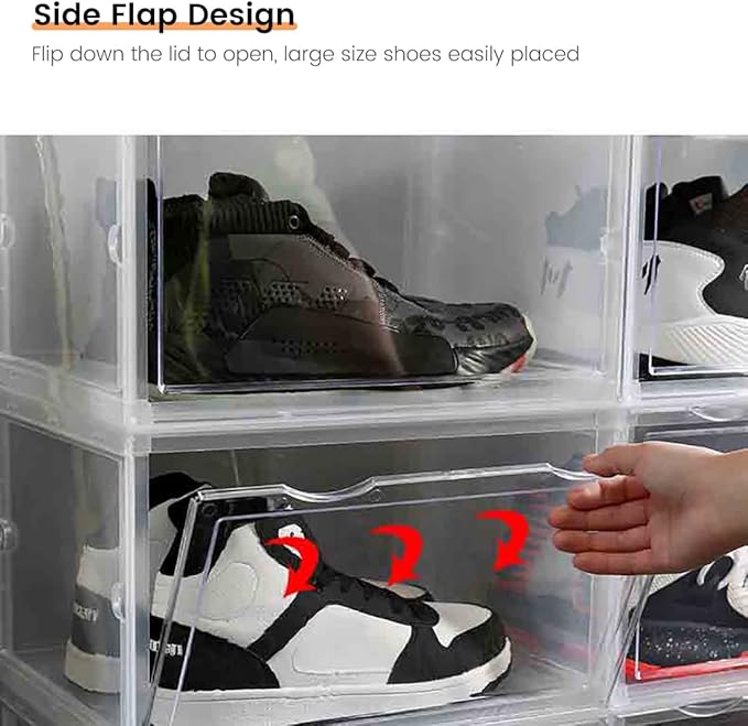 Shoe Boxes Clear Plastic Stackable, Harder Shoe Storage Boxes with Lids, Powerful Load-Bearing, Space Saving and Easy Assembly for Kids Men Women (Black)