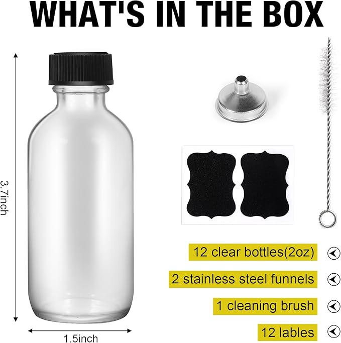 2oz Small Clear Glass Bottles with Lids, 1 Stainless Steel Funnel, 4 Labels,1 Brush - 60ml Reusable Boston Bottle for Juice, Ginger Shot, Wellness, Oils, Whiskey, Liquids - Leakproof Travel Bottle