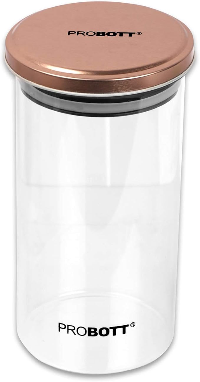 PROBOTT Vetroware Glass Storage Jar 1100ml, Transparent | For Grains, Pulses, Spice, Cereals, Cookies, Dry Fruits | Fridge Storage Container | Multipurpose Organizer Jar with Airtight Metal Lid
