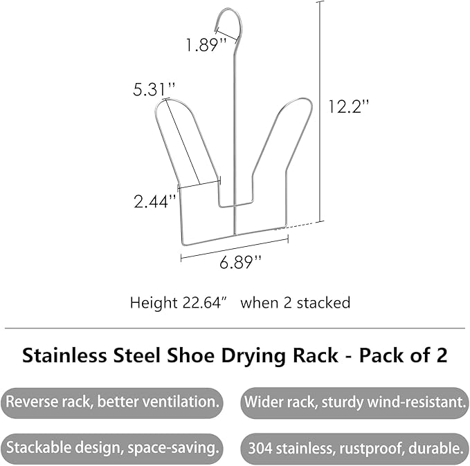 SHIMOYMA Hanging Shoe Organizers, 2 Pack, Stainless Steel Shoe Rack, Shoe Drying Rack with Double Hook Design for Hanging Wet Shoes, Flip Flops, Sandals, Sneakers, Boots