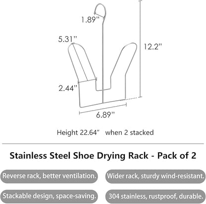 SHIMOYMA Hanging Shoe Organizers, 2 Pack, Stainless Steel Shoe Rack, Shoe Drying Rack with Double Hook Design for Hanging Wet Shoes, Flip Flops, Sandals, Sneakers, Boots