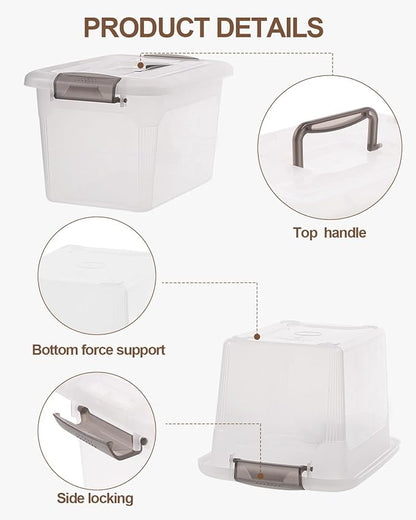 Citylife 4 Packs 6 QT Storage Bins with Lids Clear Plastic Bins with Grey Handle Stackable Storage Containers for Organizing