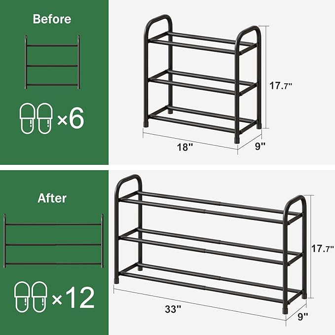 kiplant Shoe Rack for Closet, 3-Tier Expandable Shoe Organizer, Metal Adjustable Black Shoe Shelf Storage Organizer, Free Standing Shoe Rack for Entryway Closet Doorway