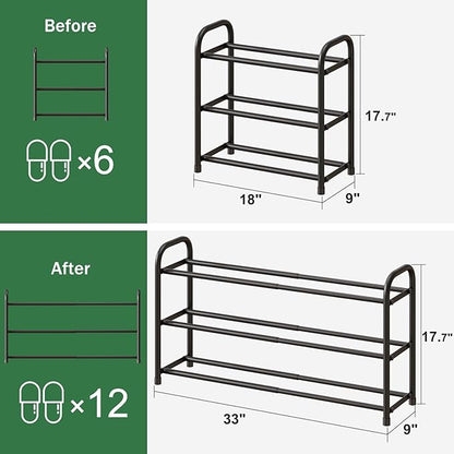 kiplant Shoe Rack for Closet, 3-Tier Expandable Shoe Organizer, Metal Adjustable Black Shoe Shelf Storage Organizer, Free Standing Shoe Rack for Entryway Closet Doorway